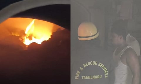 Fire and Rescue personnel at the victims’ house in Kancheepuram, (inset) fire blazing in the kitchen)