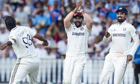 India's bowler Jasprit Bumrah celebrates with teammates after taking the wicket of England's batter Brydon Carse during the fourth day of the third Test match between India and England, at the Lord's Cricket Ground, in London, Sunday, July 13, 2025 (PTI)&nbsp;