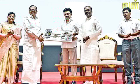 Senior Congress leader P Chidambaram receiving the first copy of the book penned by lyricist Vairamuthu from Chief Minister MK Stalin on Sunday
