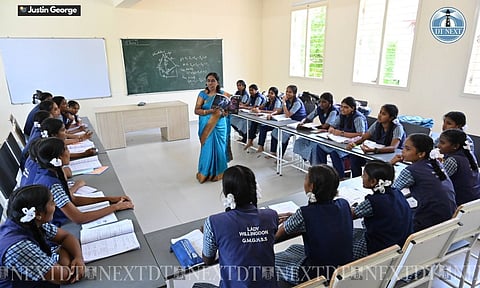 Students of The Lady wellington High School, Chennai seated in semi-circle format (Justin George)