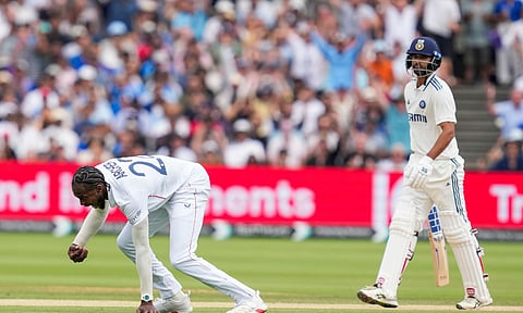 &nbsp;England's Jofra Archer takes the catch of India's Washington Sundar on the fifth day of the third test cricket match between India and England, at the Lord's Cricket Ground (PTI)