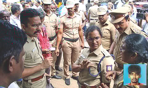 Police conduct an inquiry at the murder site; (inset) Madhan Kumar