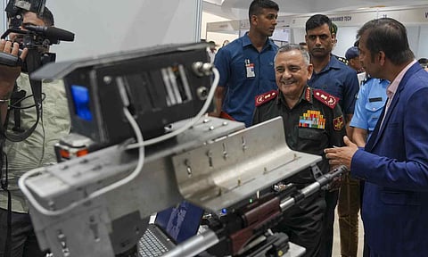 Chief of Defence Staff General Anil Chauhan during a workshop-cum-exhibition on 'Indigenisation of critical components currently being imported from foreign OEMs in the areas of UAV and C-UAS', in New Delhi, Wednesday, July 16, 2025 (PTI)&nbsp;