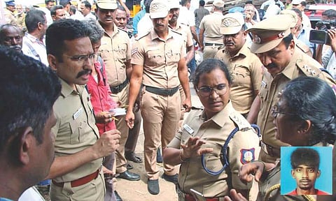 Police conduct an inquiry at the murder site; (inset) Madhan Kumar

