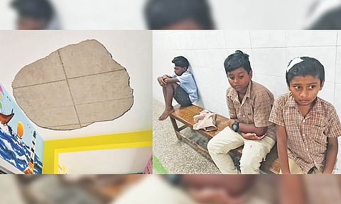 (L) A portion of the veranda ceiling that collapsed; (R) Injured students receiving medical attention at Maduranthagam GH