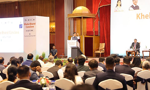 Minister Mansukh Mandaviya addressing the gathering during Khelo Bharat Conclave