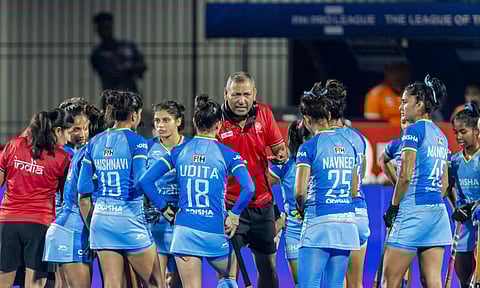 Indian women's team players huddle before a FIH Pro League match&nbsp;