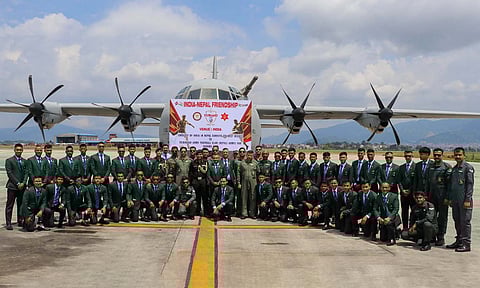 Nepal's Tribhuvan Army team at Kathmandu Airport before being airlifted by IAF aircraft to Kolkata&nbsp;
