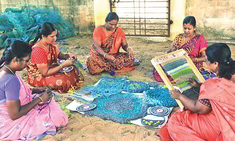 Women from fishing households engaged in upcycling discarded nets into handicrafts