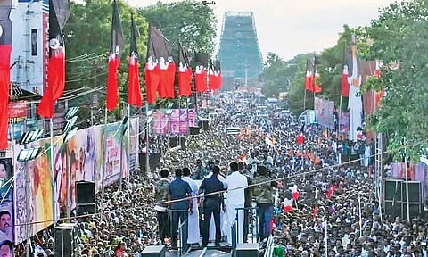 AIADMK chief Edappadi Palaniswami addressing party’s rally in Mannargudi on Monday&nbsp;