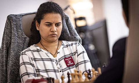 India's Divya Deshmukh reacts during semifinal chess match against China's Tan Zhongyi in FIDE Women's World Cup 2025, in Batumi, Georgia, Tuesday, July 22, 2025 (PTI)&nbsp;