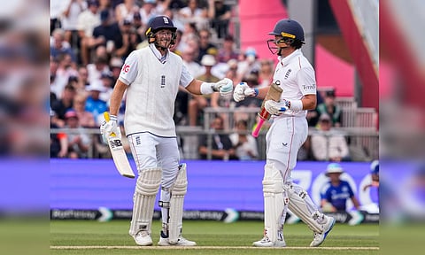 England's Joe Root and Ollie Pope on day three of the fourth test cricket match between India and England, at the Old Trafford Cricket Ground, in Manchester, Friday, July 25, 2025 (PTI)&nbsp;