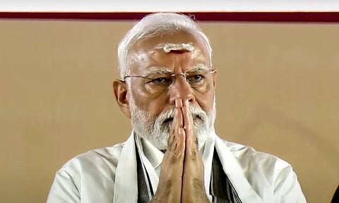 In this screenshot from a video via @pmoindia on July 27, 2025, Prime Minister Narendra Modi takes part in Aadi Thiruvathirai festival, organised to mark the birth anniversary of the iconic Chola king Rajendra Chola-I&nbsp;