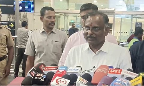 ISRO Chairman V Narayanan interacts with reporters at Chennai Airport