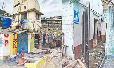 Labourers sleeping in front of their employers’ shops, toilets littered with garbage and an unclean drinking water facility