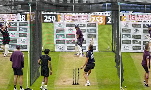 England's Harry Brook, left, Ollie Pope, center, and Gus Atkinson, right, during a training session ahead of the fifth Test cricket match between India and England, in London, Wednesday, July 30, 2025 (PTI)&nbsp;