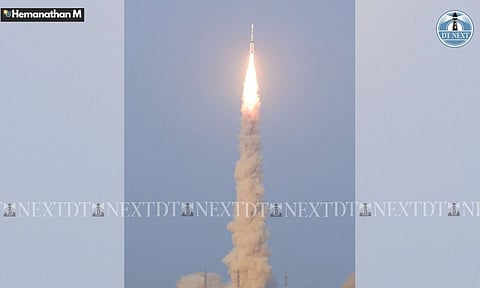 ISRO's launch vehicle GSLV-F16 carrying the NISAR earth observation satellite lifts off from the launch pad at the Satish Dhawan Space Centre, in Sriharikota, Andhra Pradesh, Wednesday, July 30 (Photo: Hemanathan M)&nbsp;