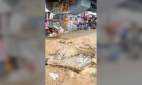 An open drainage pit near the Perungalathur flyover poses danger for the public