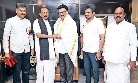 MDMK chief Vaiko with Chief Minister MK Stalin on Friday&nbsp;