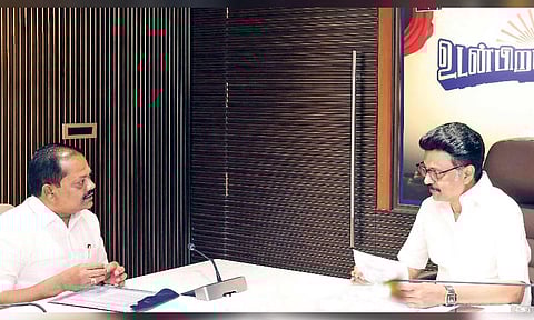 Chief Minister and DMK president MK Stalin interacting with a party functionary on Saturday