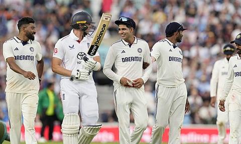 India's players along with England's Jamie Smith return to the pavilion after the match was haulted due to bad light during the fourth day of the fifth Test match between India and England, at The Oval cricket ground, in London (PTI)&nbsp;