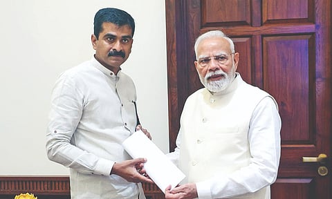 MDMK principal secretary and Lok Sabha MP Durai Vaiko handing over a memorandum to Prime Minister Modi on Monday