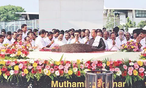 Chief Minister and DMK president MK Stalin paying tributes to party patriarch M Karunanidhi at his memorial on Thursday (Photo/Hemanathan M)