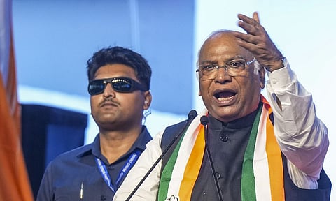 Congress President Mallikarjun Kharge addresses the party's 'Vote Adhikar Rally', at Freedom Park in Bengaluru, Friday, Aug. 8, 2025 (PTI)&nbsp;