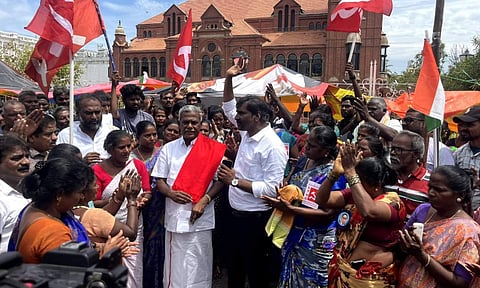 CPM state secretary P Shanmugam met the workers on the 10th day of their protest outside the Ripon Building&nbsp;