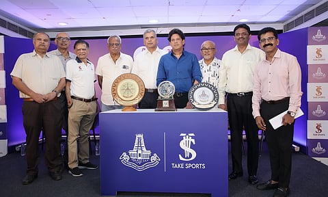 P Ashok Sigamani, President, TNCA, R N Baba, Hon. Asst Secretary, and dignitaries onstage at the press conference