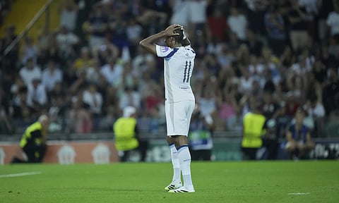 Tottenham's Mathys Tel reacts during the penalty shootout the UEFA Super Cup soccer match between Paris Saint-Germain and Tottenham Hotspur in Udine, Italy (AP)&nbsp;