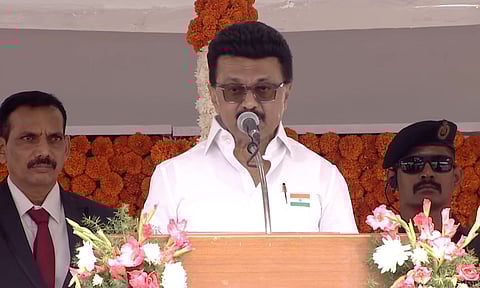 CM Stalin addressing the gathering after hoisting the flag on Independence Day (Screengrab: @CMOTamilnadu)