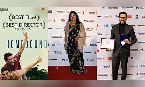 IFFM 2025 winners: Homebound (left), Geetha Kailasam (Center), Abhishek Bachchan (right)