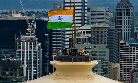 Indian Tricolor hoisted at Seattle's 605 feet tall Space Needle, celebrating India's Independence Day, Saturday (PTI)