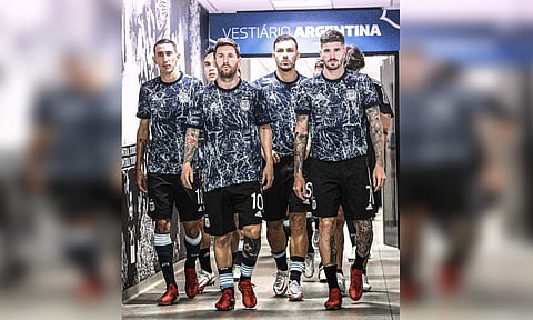 Messi and Argentina players walk out of the tunnel during a match&nbsp;