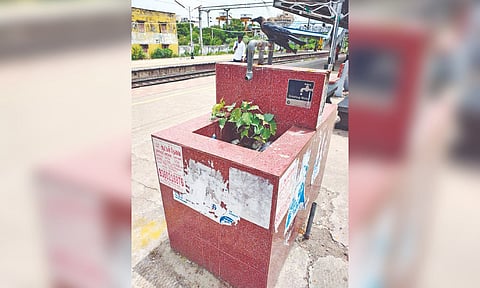 One of the damaged drinking water basins at Chetpet station falling under Southern Railway