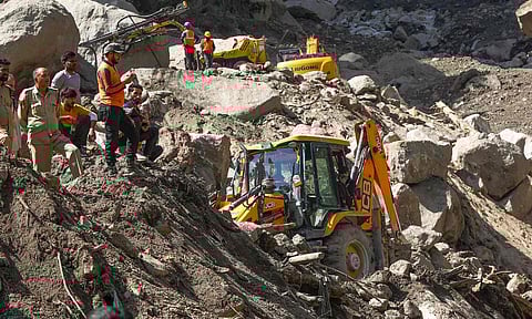Kishtwar: NDRF personnel during a search and rescue operation after flash flood triggered by cloudburst, at Chisoti village (PTI)