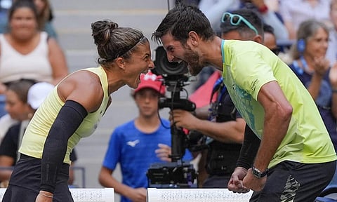 Sara Errani, of Italy, and Andrea Vavassori, of Italy, react after defeating Taylor Townsend, of the United States, and Donald Young, of the United States, in the mixed doubles final of the U.S. Open tennis championships, Thursday, Sept. 5, 2024, in New York (AP)&nbsp;