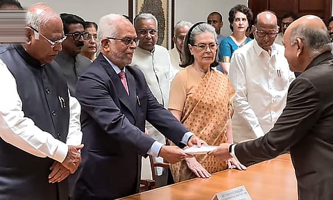 INDIA bloc's vice presidential candidate B Sudershan Reddy files his nomination, in New Delhi, Wednesday, Aug. 20, 2025 (PTI)&nbsp;