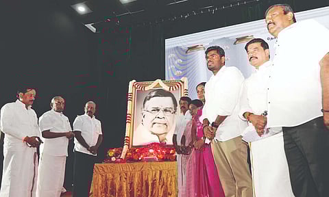 Health Minister Ma Subramanian and state BJP leaders at a meeting organised to pay tributes to La Ganesan at Kalaivanar Arangam&nbsp;