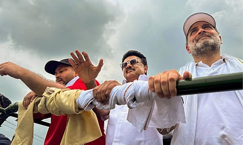 LoP in the Lok Sabha and Congress leader Rahul Gandhi with Tamil Nadu Chief Minister MK Stalin and LoP in the Bihar Legislative Assembly and RJD leader Tejashwi Yadav during the 'Vote Adhikar Yatra' (Image/X)