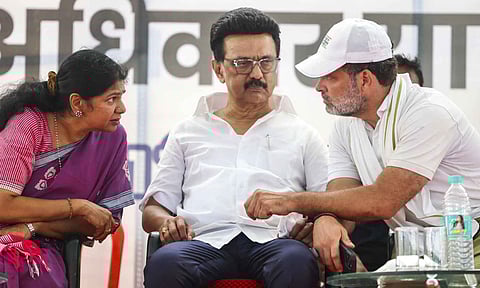 LoP in the Lok Sabha and Congress leader Rahul Gandhi, Tamil Nadu Chief Minister MK Stalin and DMK MP Kanimozhi during the 'Voter Adhikar Yatra', in Bihar (PTI)&nbsp;