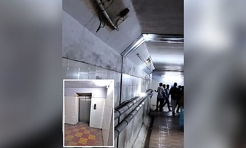 The poorly maintained pedestrian subway in Tirusulam; (inset) the non-functional lift