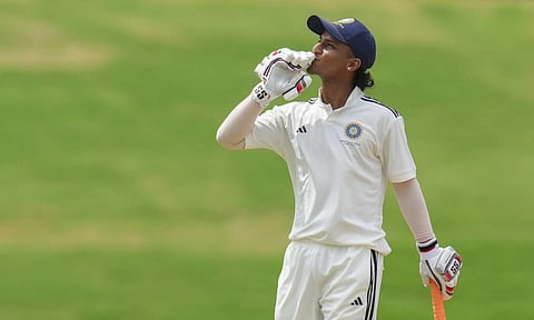 North Zone's Ayush Badoni celebrates his double hundred during the fourth and final day of Duleep trophy 2025 quarter-final cricket match between East Zone and North Zone, at BCCI centre of excellence ground, in Bengaluru, Karnataka, Sunday, Aug. 31, 2025 (PTI)&nbsp;