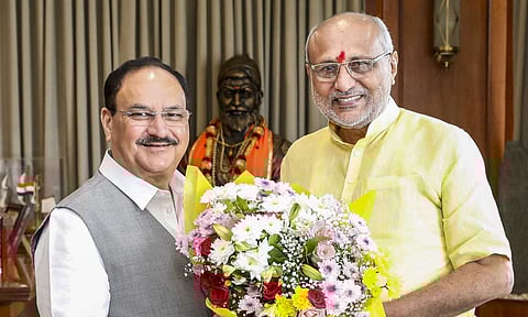 Union Minister and BJP National President JP Nadda with Maharashtra Governor and NDA's vice presidential candidate CP Radhakrishnan during his visit to the Maharashtra Raj Bhavan (PTI)&nbsp;