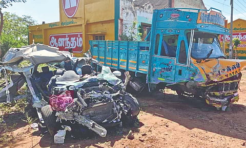 Mangled remains of the car and lorry involved in mishap near Paramakudi on Sunday