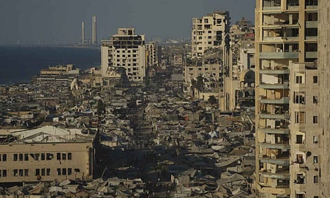 A makeshift tent camp for displaced Palestinians stretches across an area near the Gaza City port&nbsp; (AP Photo)