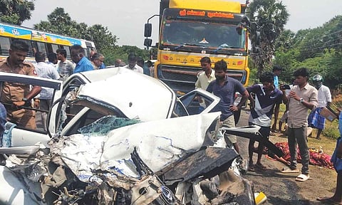 Mangled remains of the car in Ariyalur on Tuesday
