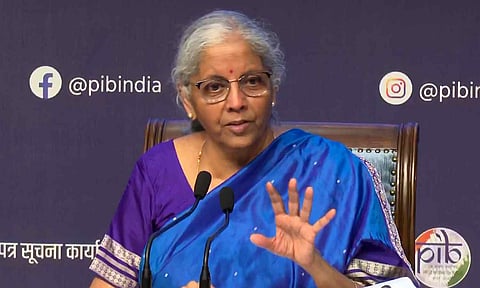 Union Finance Minister Nirmala Sitharaman addresses the media regarding the 56th GST Council meeting, in New Delhi, Wednesday, Sept. 3, 2025 (PTI)&nbsp;