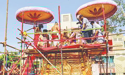 Minister Sekarbabu (inset) at consecration of Kasi Viswanatha Temple, Angalaparameswari Temple in Choolai